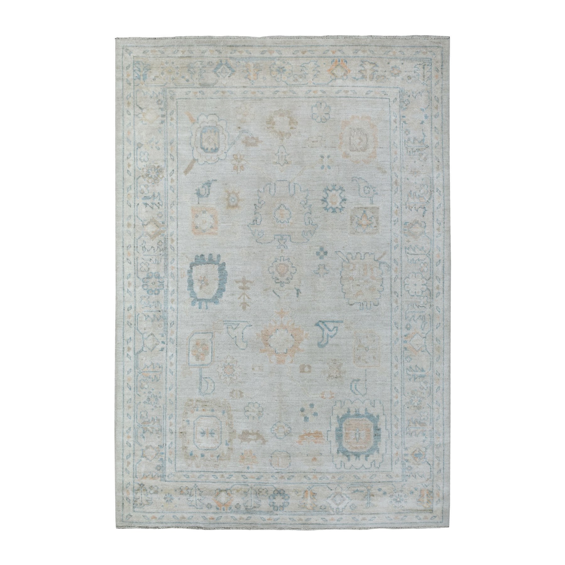 6'x8'9" Afghan Angora Oushak with Floral Motifs Organic Wool Hand Knotted Gray Oriental Rug 